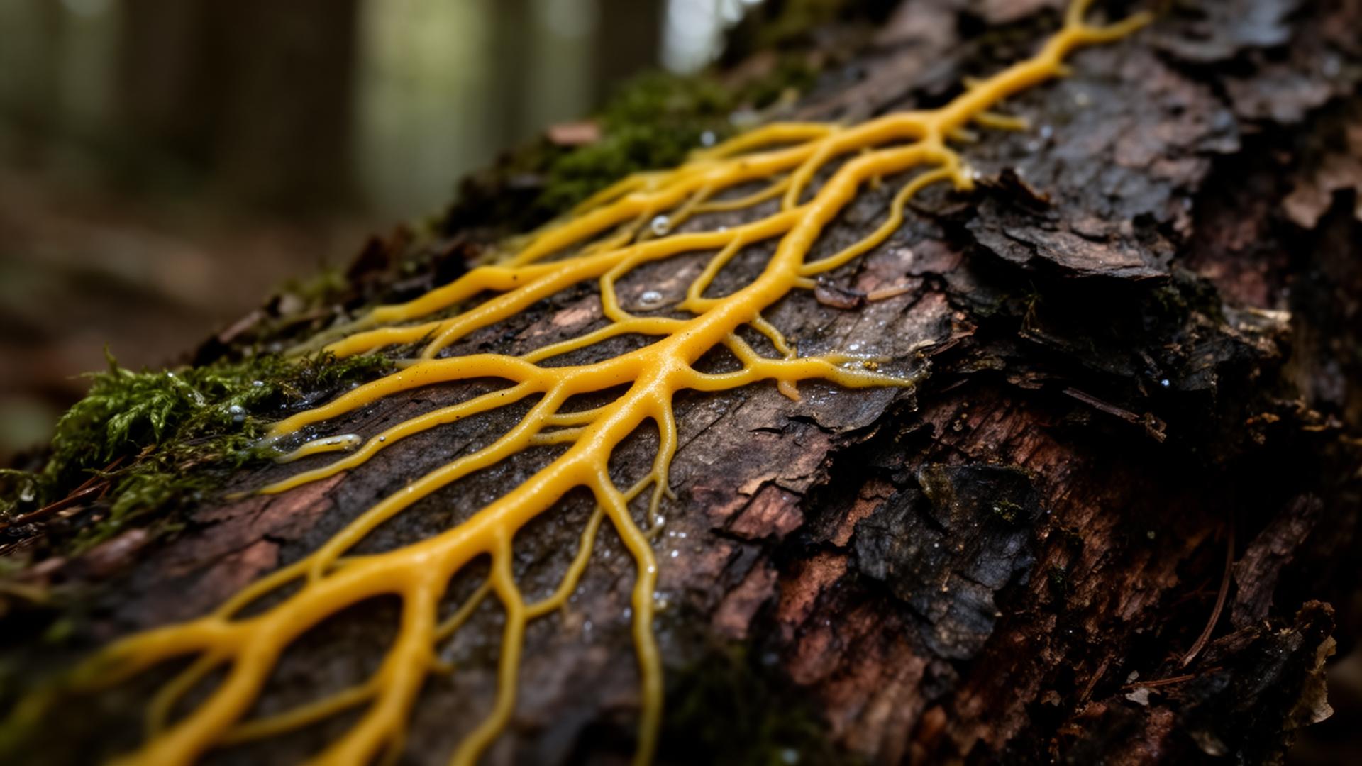 Physarum polycephalum (le Blob) sur un tronc en forêt