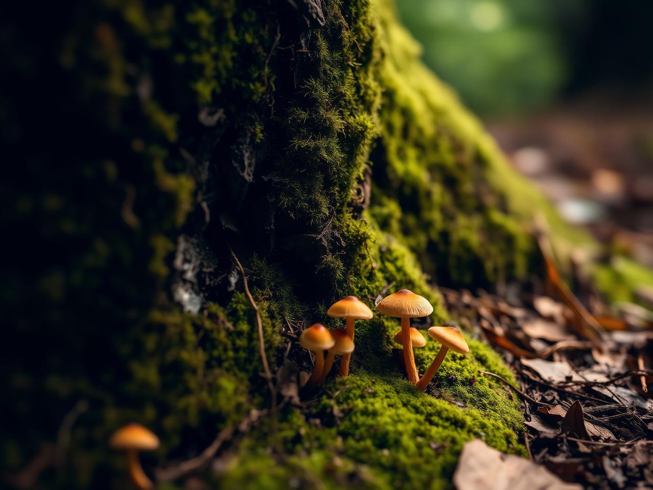 Mousse et champignons sur une écorce d'arbre